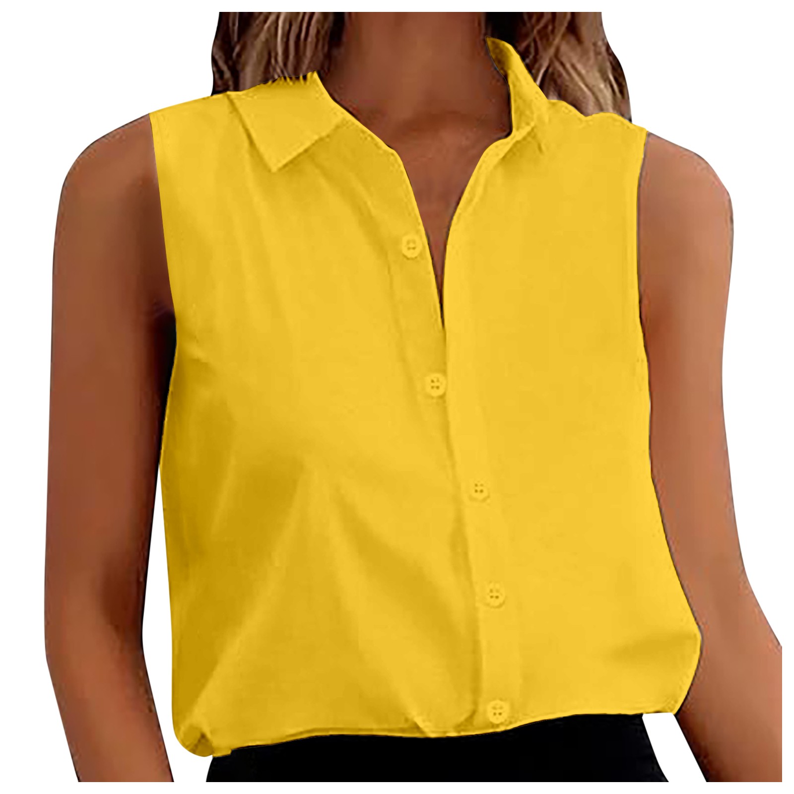 Blusa sin mangas con botones de gasa para mujer: cuello en V holgado, color liso, para el trabajo/casual, tallas S-XXL